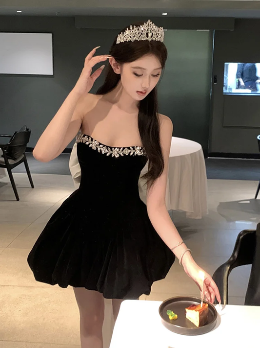 Stunning A Line Strapless Rhinestone Black Velvet Short Homecoming Dress Cocktail Dress DP2676