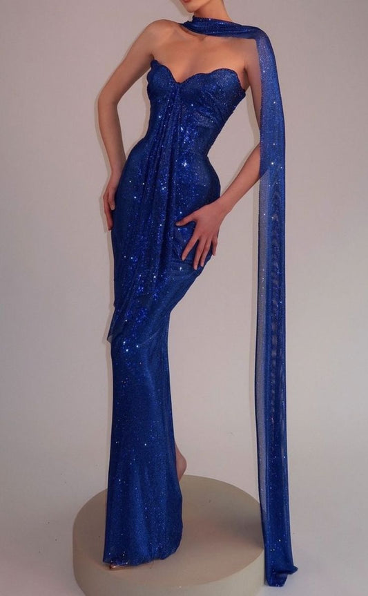 Blue Shiny Unique Sheath Sweetheart Neck Sequin Long Party Dress Evening Dress DP3013