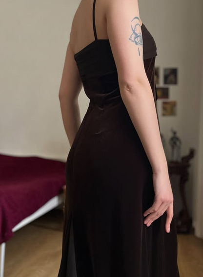 Vintage Sheath Spaghetti Strap Brown Velvet Prom Dress Evening Dress DP5725