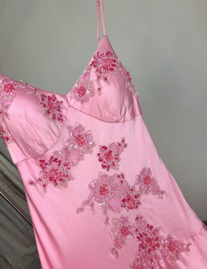 Vintage Pink Mermaid Spaghetti Straps Appliques Satin Prom Dress Party Dress Date Dress DP4447