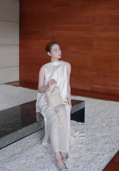 Stunning Flowy White A Line Satin Prom Dress Wedding Guest Dress DP4489