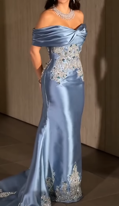 Elegant Blue Mermaid Off the Shoulder Lace Beaded Satin Prom Dress Evening Dress DP4339