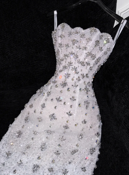 Gorgeous Sheath Strapless Rhinestone White Tulle Prom Dress Evening Dress DP2780