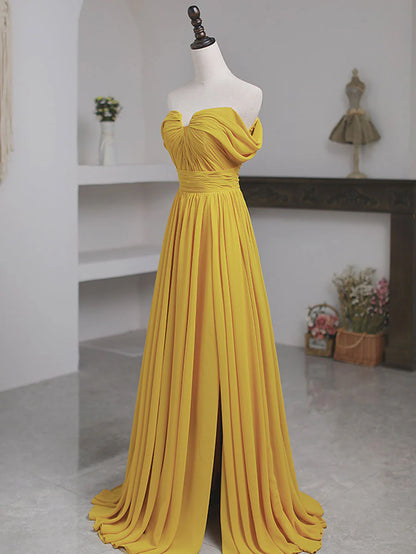 Simple Yellow Off the Shoulder Chiffon Long Prom Dress Graduation Dresses DP1152