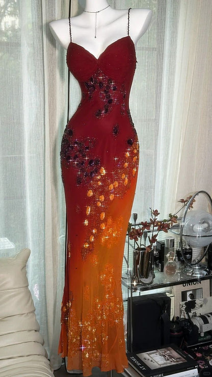 Orange Red Ombre Sheath Spaghetti Strap Exquisite Beaded Chiffon Prom Dress 21th Birthday Dress DP3899