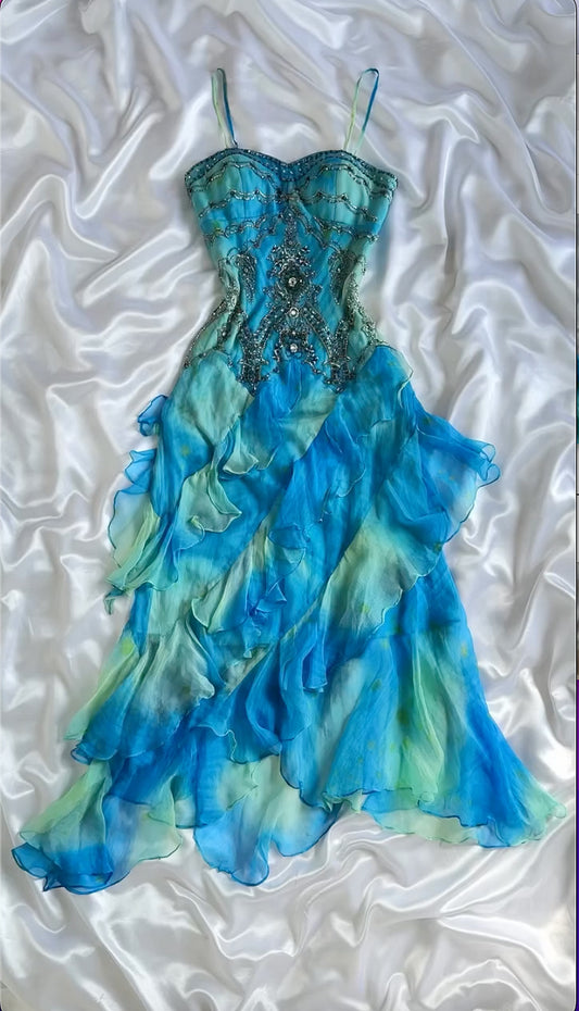 Vintage A Line Spaghetti Strap Beaded Ruffles Chiffon Prom Dress Evening Dress DP1838