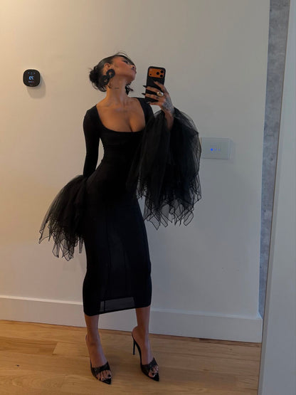 Unique Sheath Long Sleeve Black Tulle Satin Prom Dress Evening Dress DP7836