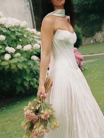 Elegant Ball Gown Strapless Corset Pleated Satin Prom Dress Wedding Dress DP4283