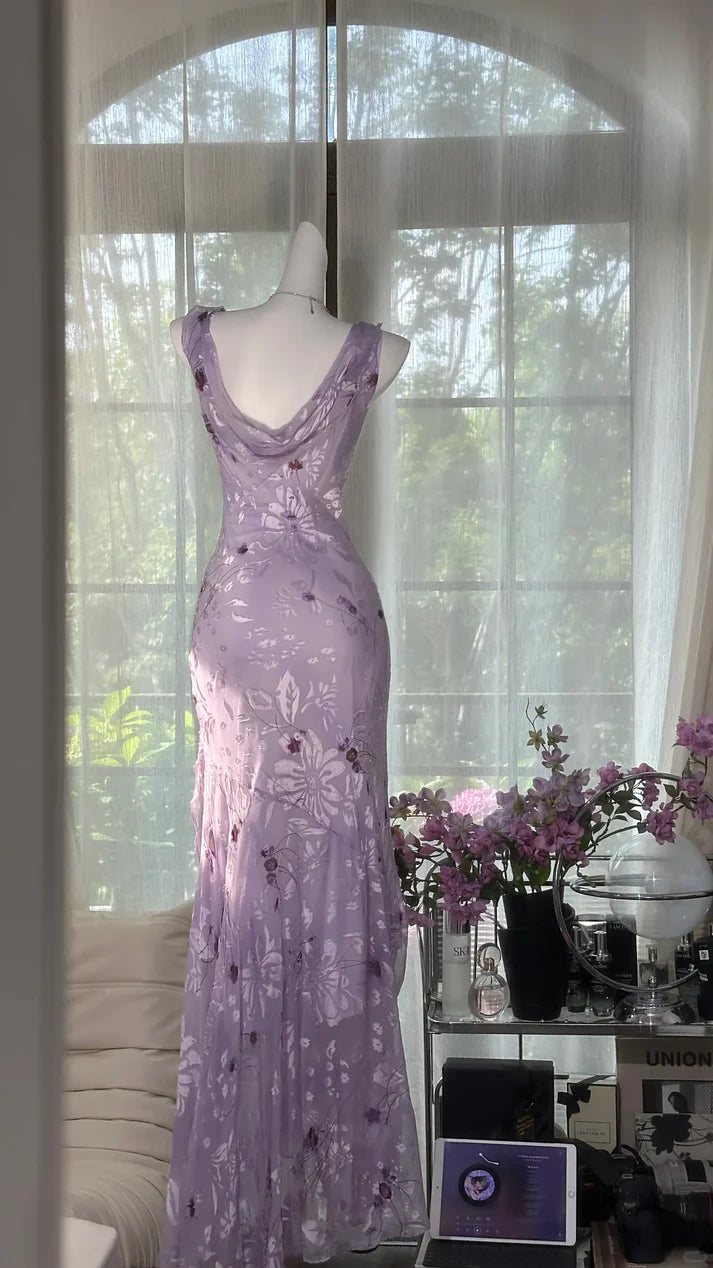 Gentle Retro Mermaid Straps Print Floral Purple Satin Prom Dress Formal Dress DP3511