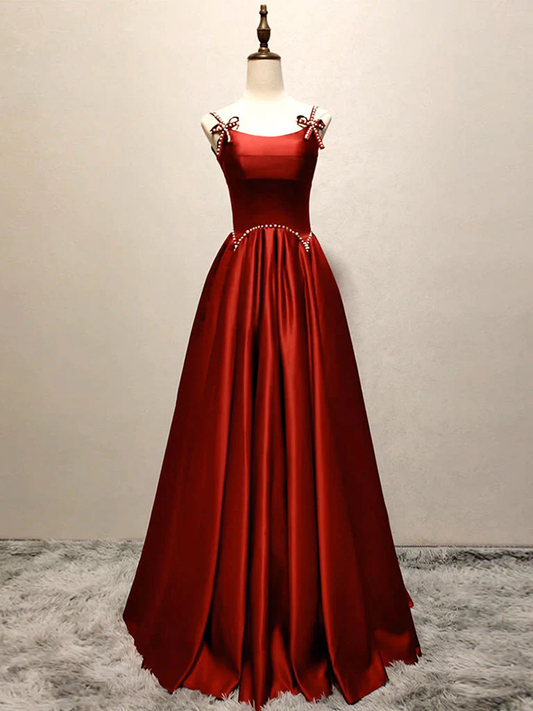 Red Satin Beaded Long A Line Prom Dress DP052