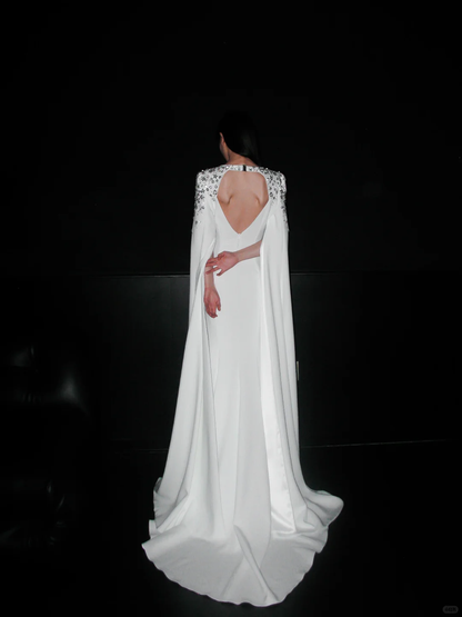 Elegant Mermaid Long Sleeve Beaded Satin Wedding Dress DP5304