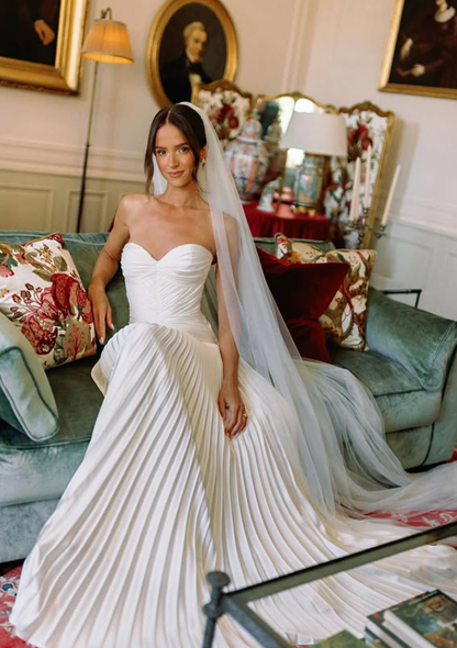 Unique A Line Sweetheart Neck Pleated White Satin Wedding Dresses DP4346