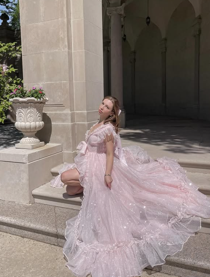 Stunning Light Pink A Line V Neck Tulle Prom Dress Outfits with Slit DP4456