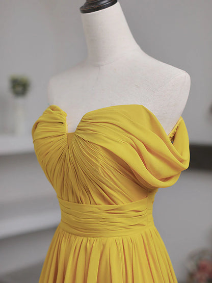 Simple Yellow Off the Shoulder Chiffon Long Prom Dress Graduation Dresses DP1152