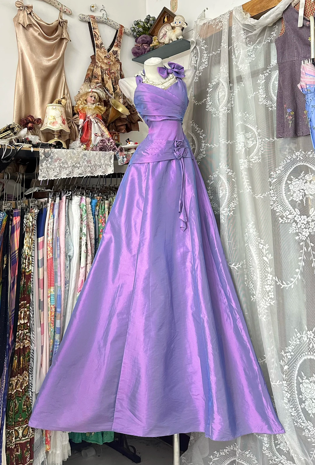 Vintage Romantic Purple A Line Spaghetti Strap Bow Satin Prom Dress Evening Dress DP5230