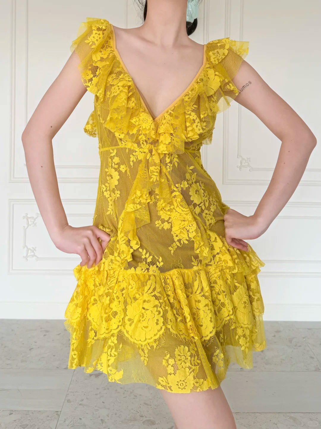 Bright Yellow A Line V Neck Layered Lace Short Prom Dress Homecoming Dress DP6450