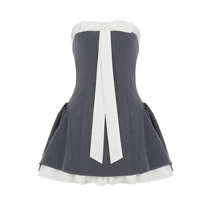 Cute A Line Strapless Bow Grey Satin Short Homecoming Dress Cocktail Dress DP2541