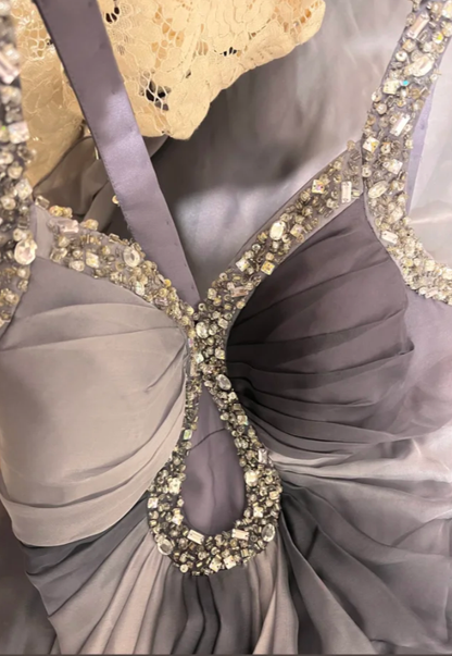 Unique Grey Ombre A Line Spaghetti Strap Beaded Chiffon Long Prom Dress Wedding Guest Dress DP4276