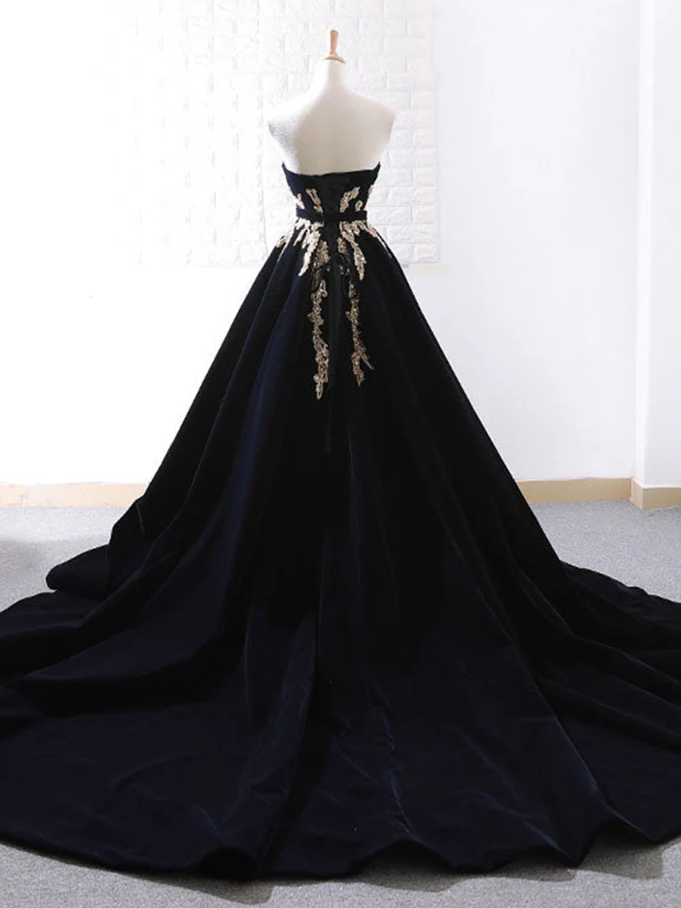 Black Velvet Sweep Train Long Prom Dress Strapless Evening Dress DP421