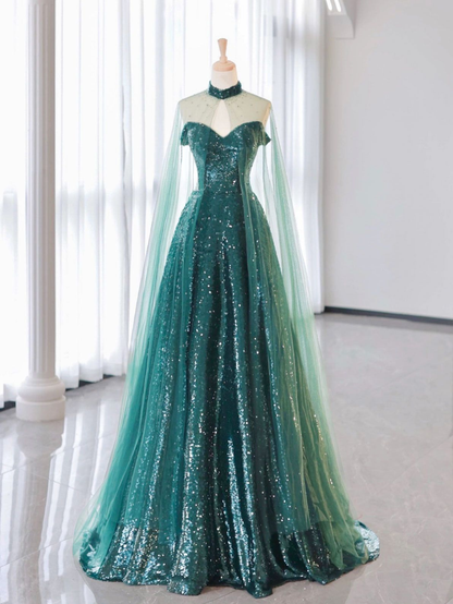 Elegant Tulle Sequin Green Long Prom Dress Formal Evening Dress DP641