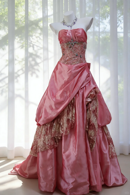 Sweet Vintage A Line Strapless Beaded Pink Lace Satin Prom Dress Evening Dress DP4728