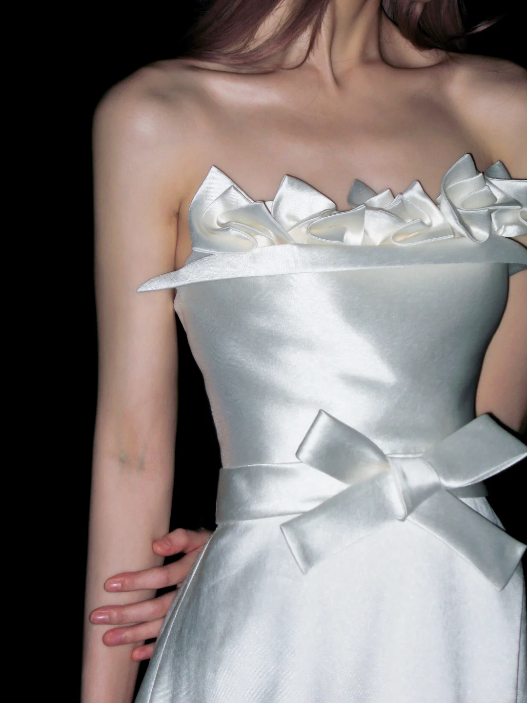 Elegant White Bow A Line Strapless Satin Long Wedding Dress DP4407