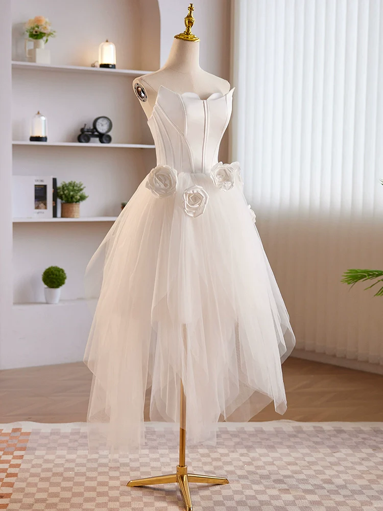 Unique White Tulle Satin Homecoming Dress Mini Prom Dress DP048