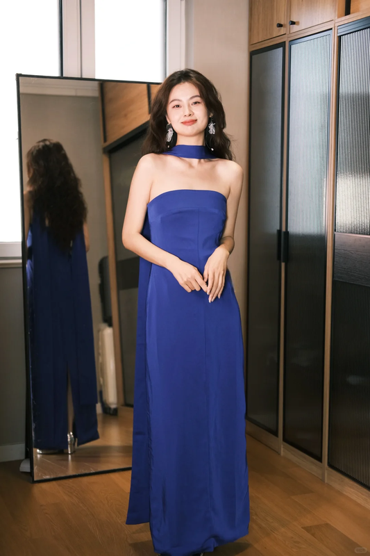 Simple A Line Strapless Blue Satin Long Party Dress Evening Dress DP2409
