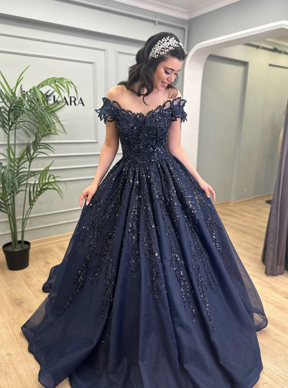 Stunning A Line Off the Shoulder Navy Blue Sequin Beaded Tulle Prom Dress Evening Dress DP1858