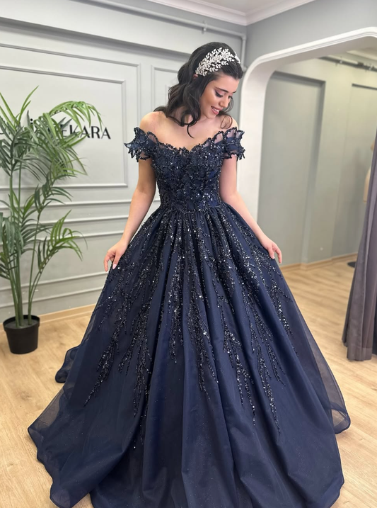 Stunning A Line Off the Shoulder Navy Blue Sequin Beaded Tulle Prom Dress Evening Dress DP1858