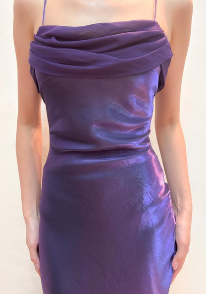 Vintage Dark Purple Simple Sheath Chiffon Satin Prom Dress Evening Dress Date Dress DP5279
