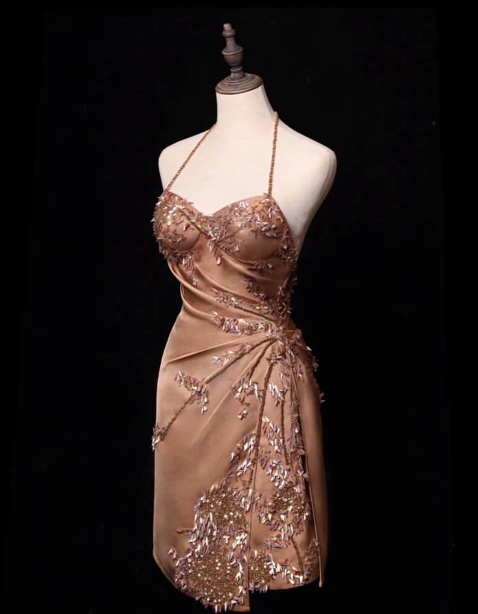 Vintage Brown A Line Straps Beaded Sequin Satin Short Homecoming Dress DP4469