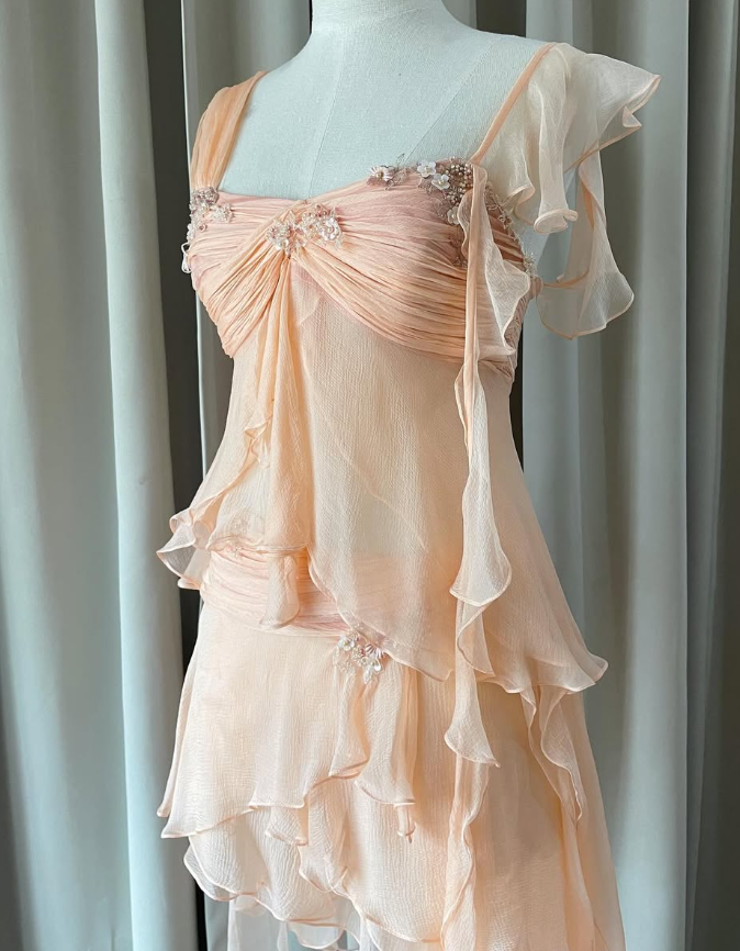Baby Peach A Line Two Piece Appliques Tiered Chiffon Party Dress Evening Dress DP4937