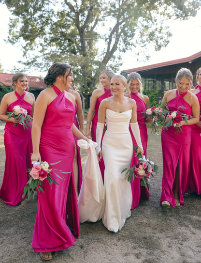Barbie Pink Mermaid Halter Satin Backless Long Bridesmaid Dress DP4975