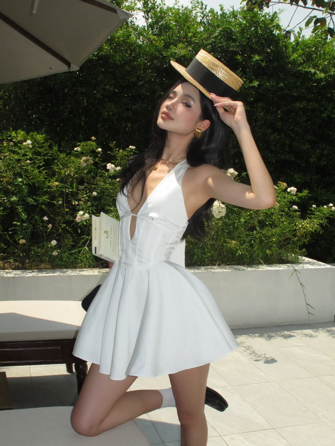 Open Back White A Line V Neck Satin Short Homecoming Dress Cocktail Dress DP2878