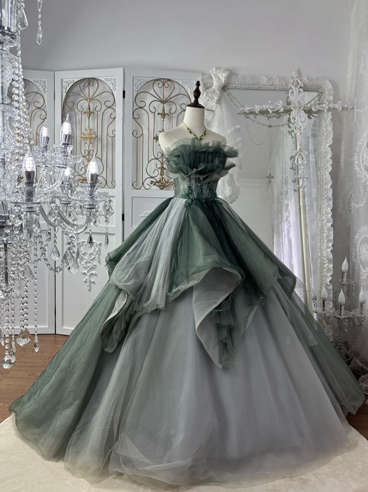 Vintage Grey-Green Ball Gown Strapless Sequin Tulle Prom Dress Sweet 16 Dress DP5668