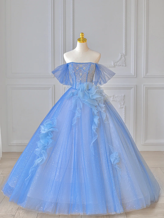 Elegant A Line Off the Shoulder Beaded Sequin Blue Tulle Long Prom Dress Party Dress DP2726