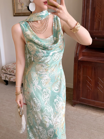 Light Green Mermaid Rose Print Chiffon Long Prom Dress Evening Dress DP5650