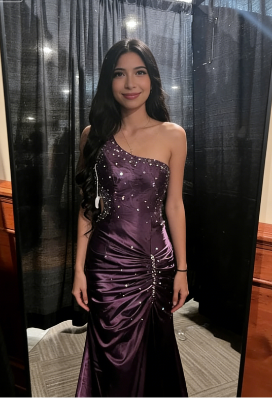 Vintage Purple A Line One Shoulder Pleated Beaded Satin Long Formal Prom Dress Evening Dress DP3073