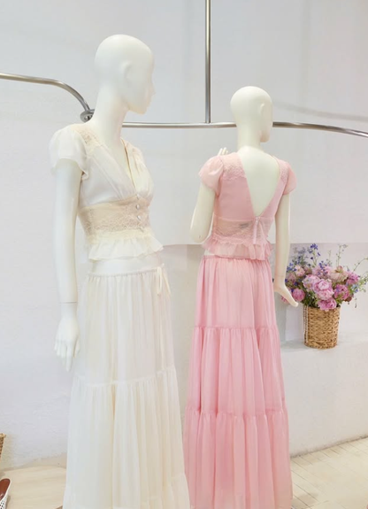 White Two Piece A Line V Neck Lace Satin Long Prom Dress Evening Dress DP7979