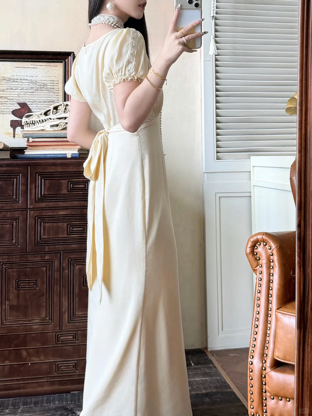 Vintage Pretty A Line Puff Sleeve Lace Satin Long Prom Dress Evening Dress DP6464