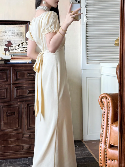 Vintage Pretty A Line Puff Sleeve Lace Satin Long Prom Dress Evening Dress DP6464