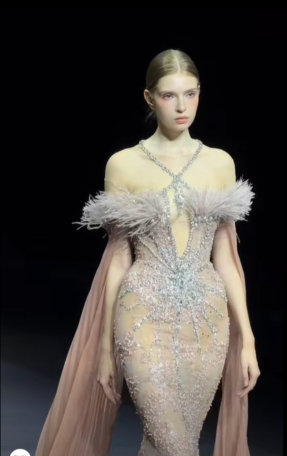 Green Mermaid Halter Exquisite Beaded Feather Tulle Long Prom Dress DP4813