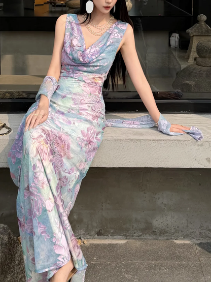 Beautiful Sheath Print Flower Colorful Chiffon Long Prom Dress Evening Dress DP6787