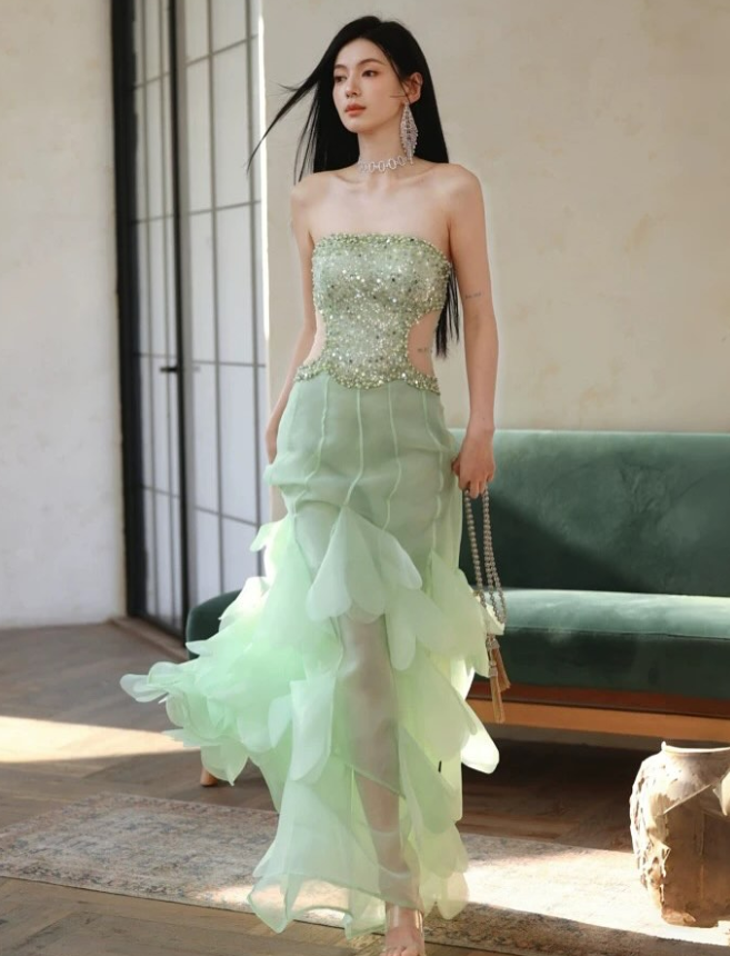 Summer Green Sequin Layered Chiffon Prom Dress Evening Dress DP5428