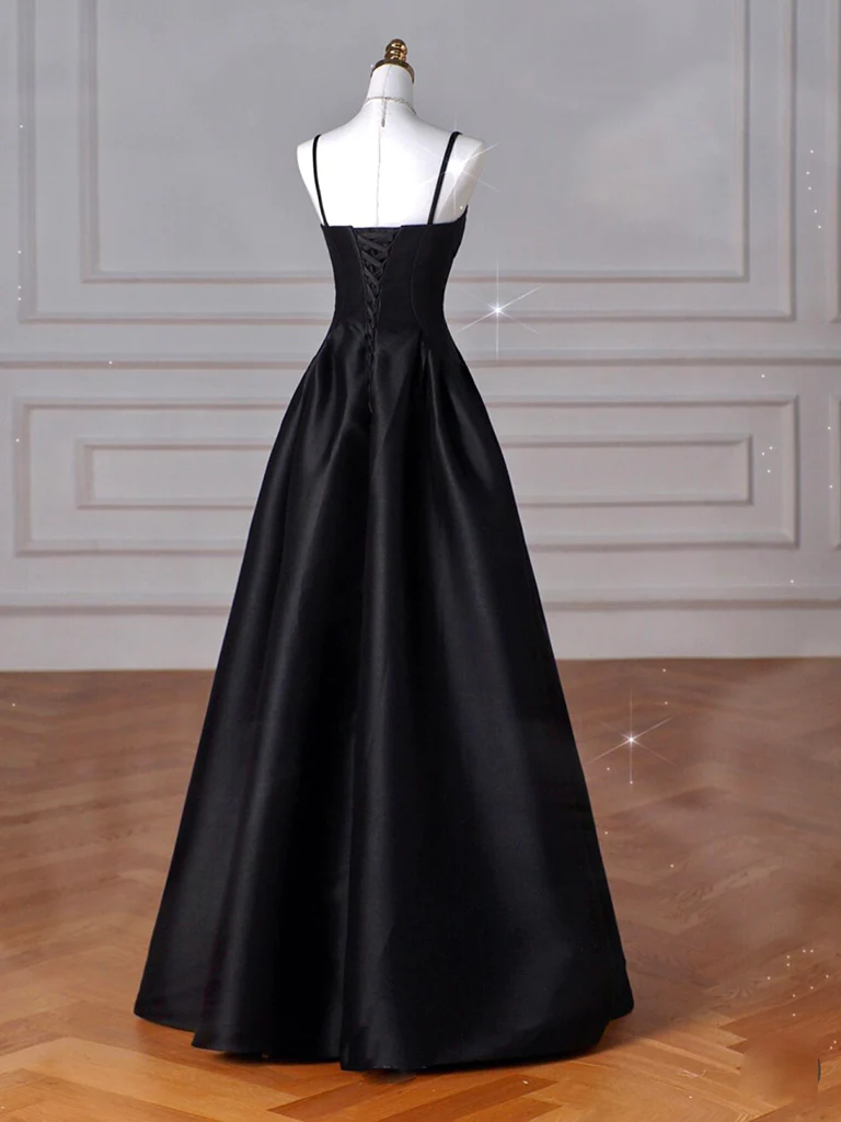 Simple Black Spaghett Straps Satin Long Prom Dress Evening Gown DP019