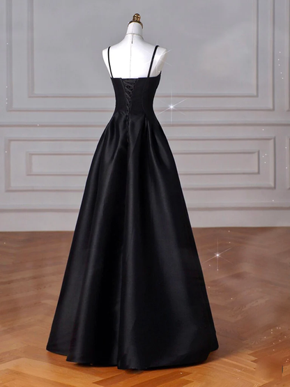 Simple Black Spaghett Straps Satin Long Prom Dress Evening Gown DP019
