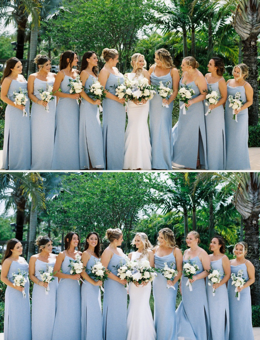 Baby Blue A Line Straps Chiffon Bridesmaid Dress Prom Dress with Slit DP4978