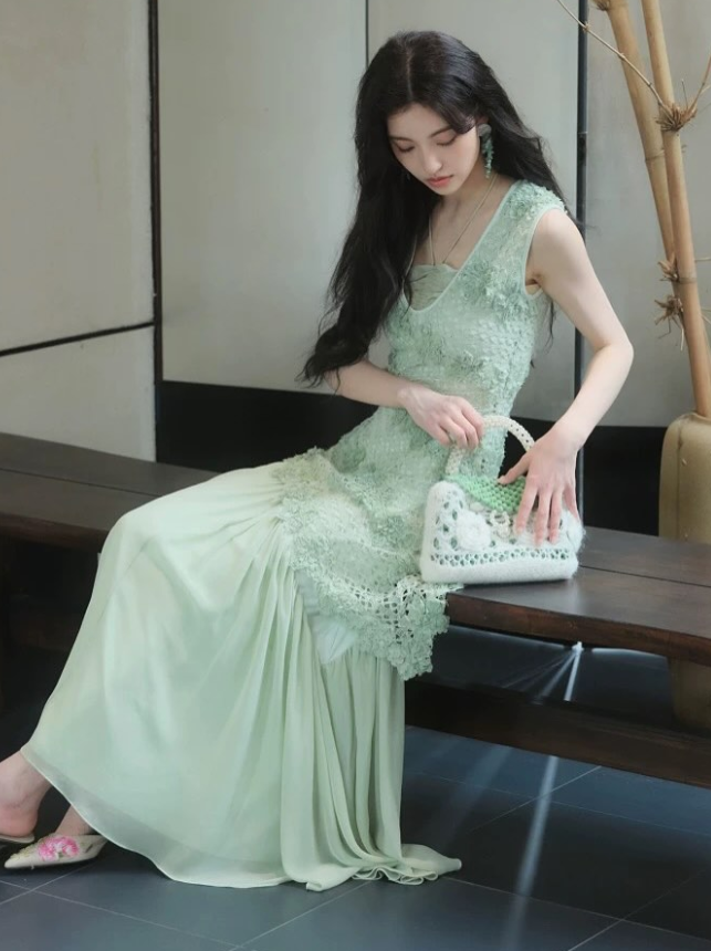 Summer Green A Line V Neck Lace Chiffon Prom Dress Evening Dress DP5429