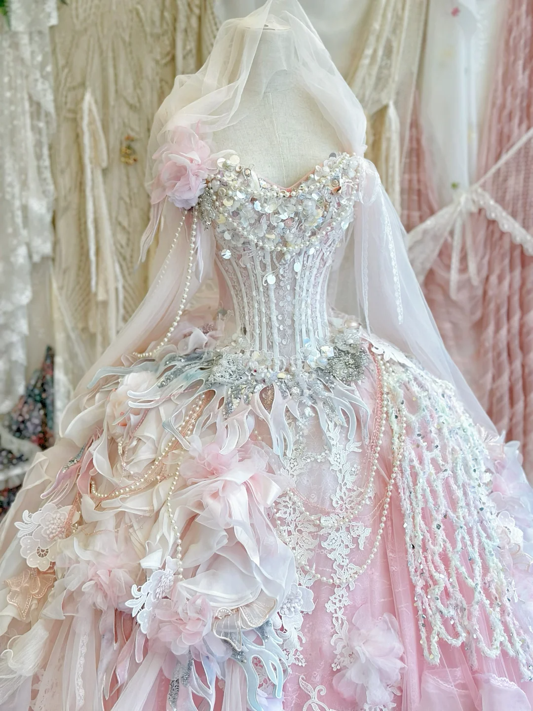 Stunning Ball Gown Strapless Pearl Beaded Pink Organza Prom Dress 16th Birthday Dress DP3841
